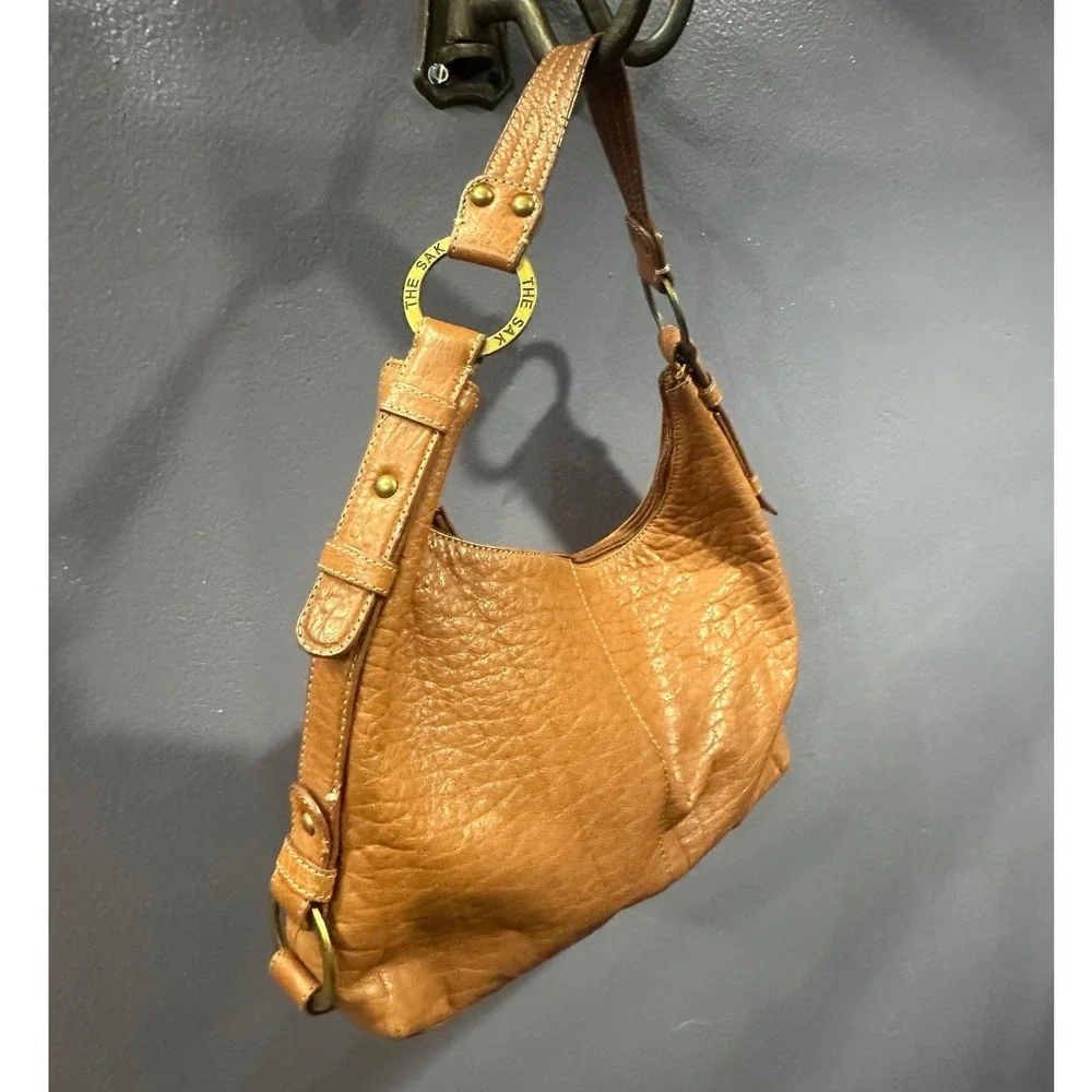 The Sak Pink Label Leather Hobo Shoulder Bag Tan Pebbled Slouchy Boho Y2K Vintag
